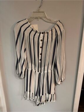 Pink Lily White and Navy Striped Off-Shoulder Romper